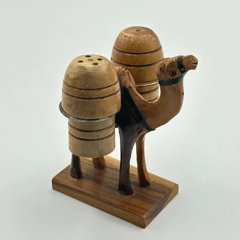 Vintage wooden camel‎ salt and pepper shaker holder